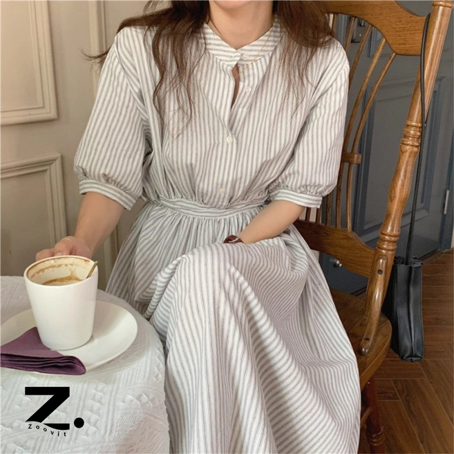 Zoovit 여성 스트라이프 롱 원피스 슬림 반팔 셔츠 원피스