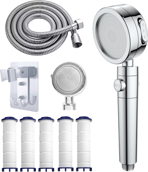 Ataasha 필터 샤워기 고압 3단조절 마사지샤워기 여행용 샤워기헤드, 실버본품+호스+받침대, 1세트