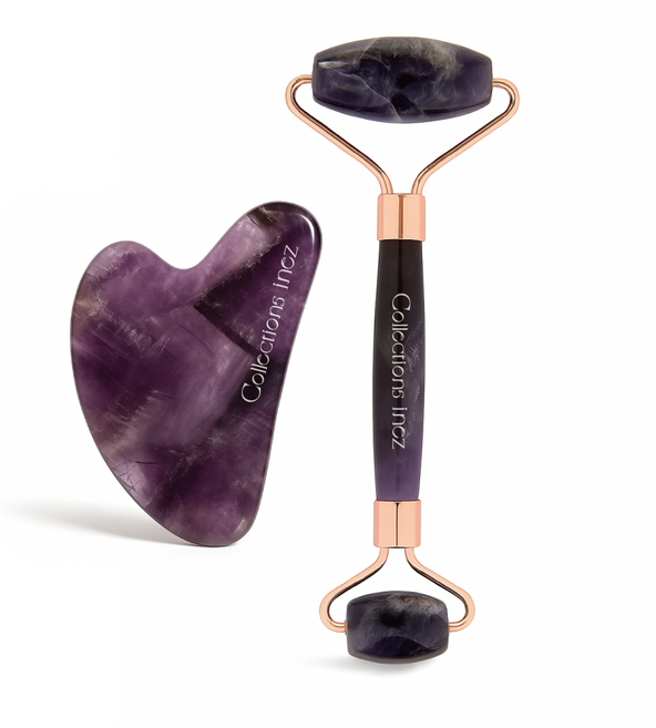 이네즈 천연석 자수정 괄사 롤러 세트 얼굴 마사지기 홈케어 피부탄력 리프팅, 퍼플, 1세트