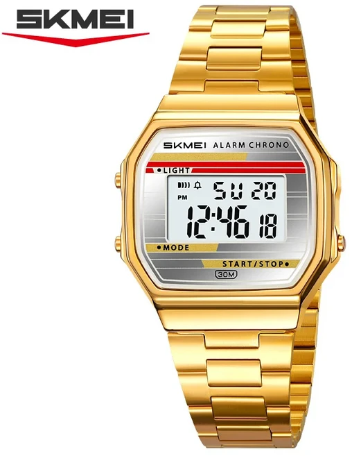 SKMEI 2514 패션 브랜드 남성용 전자 시계 발광 다기능 방수 달력 알람 학생용 디지털, 01 gold