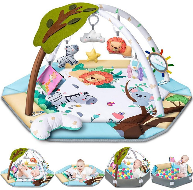 Jyusmile Baby Gym Play MAT 매트 8-in-1 Tummy Time 매트 & BALL 볼 Pit 6 Toys WASH 워시able Activity for, Lion