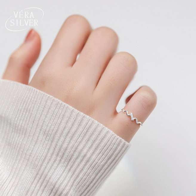 VERA SILVER S925純銀波浪戒指 女款 小眾設計幾何線條鋯石戒指環 氣質時尚輕奢開口戒