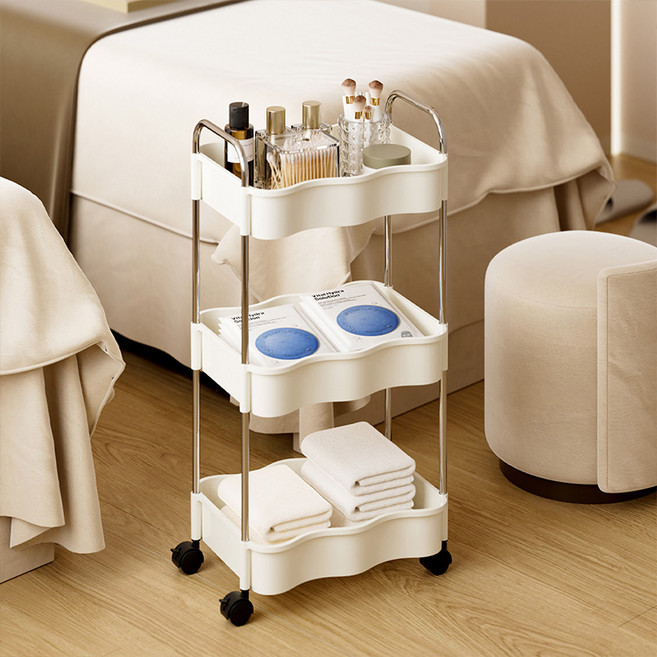 [YOUNG] 웨이브 360도 회전 이동식 트롤리 수납선반 틈새정리 수납카트, 3단 화이트