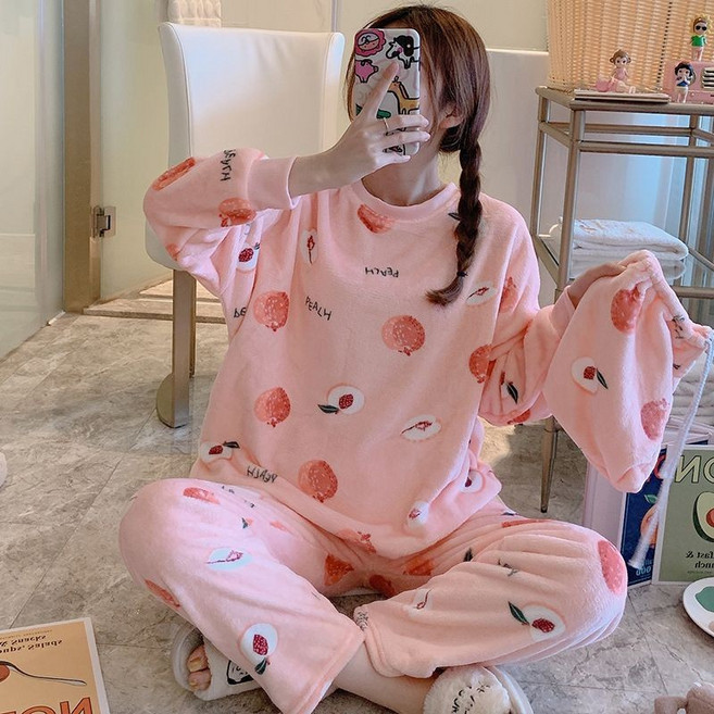 可愛珊瑚絨法蘭絨睡衣女 冬季加厚保暖套裝