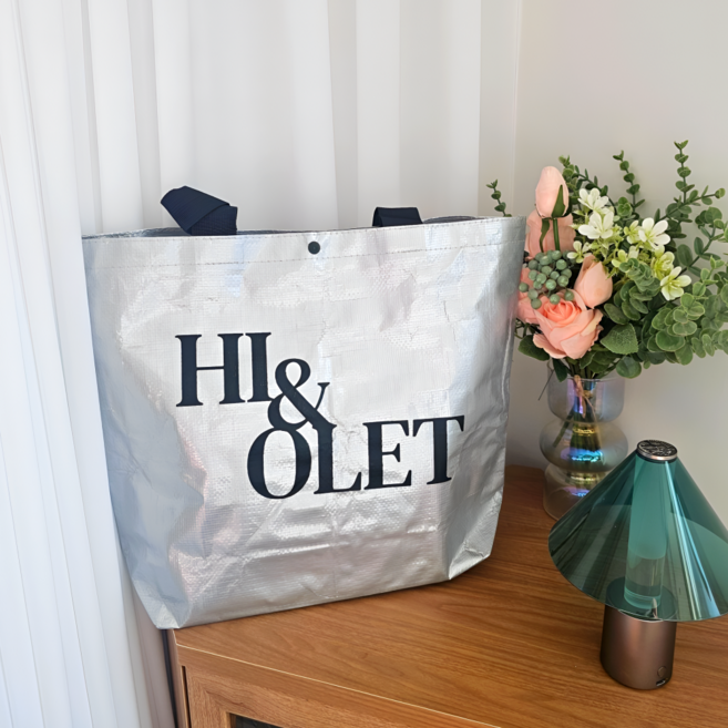 HI&OLET 실버 리유저블백 똑딱이 달린 오염에 강한 재사용 에코백 하이올렛