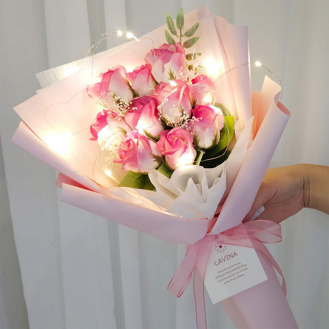 올스타 비누꽃다발 졸업식꽃다발 +LED무드등+ 쇼핑백 세트, 10송이 로즈핑크, 1개