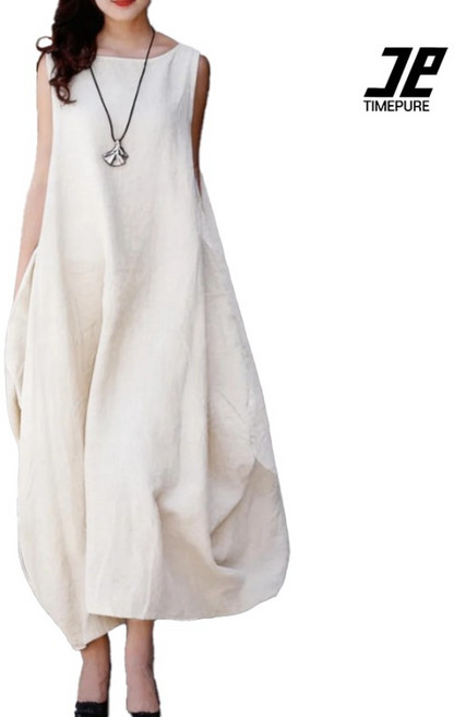 여성용 시원한 무봉제 주름 디테일 롱원피스 통기성 좋은 캐주얼 A라인 롱원피스