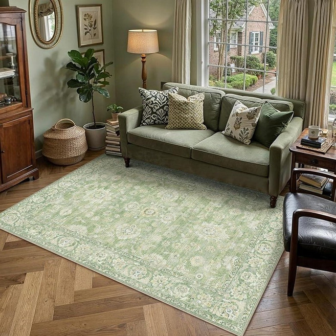 WondRg 5x7 Cream Washable Area Rug for Living Room Bedroom Neutral Floral Soft Non Slip Rug Low Pi