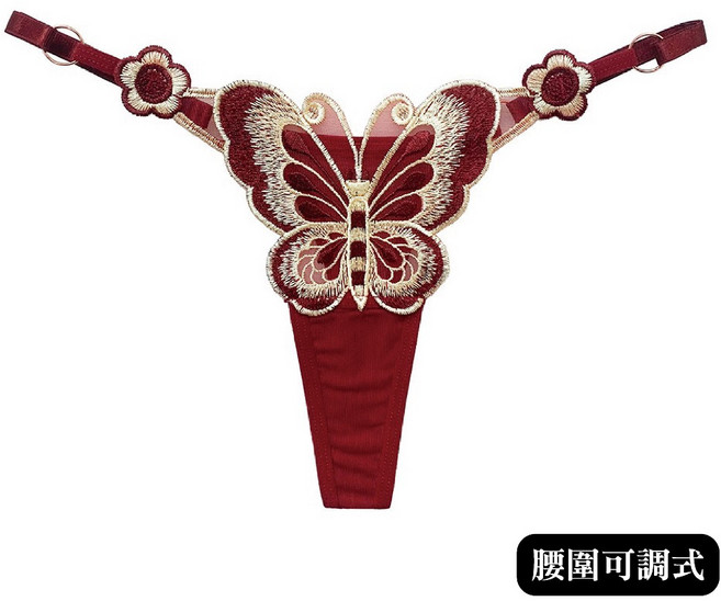 性感開檔低腰內褲 情趣T褲, 蝴蝶丁字褲-酒紅色,大尺碼