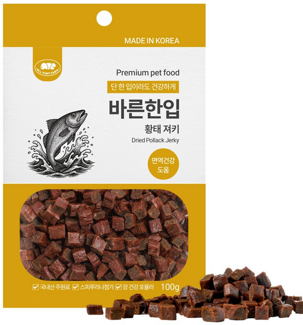 바른한입 져키 1kg 고기가득 국산 국내산 글루텐프리 강아지 간식, 1개, 100g, 황태(면역)