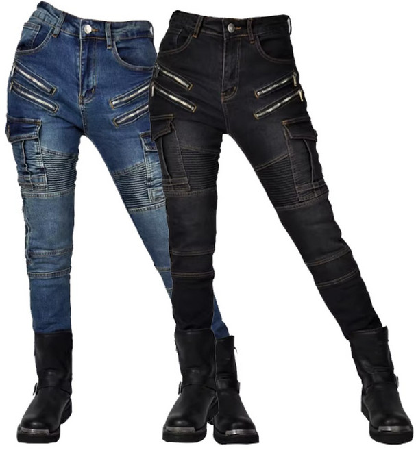 여성 바이크 오토바이 청바지 데님 워싱 주름 지퍼 블랙진 팬츠 하의 보호대 힙가드 니가드, PU보호대, 워싱지퍼데님(여)/JES-24/블랙