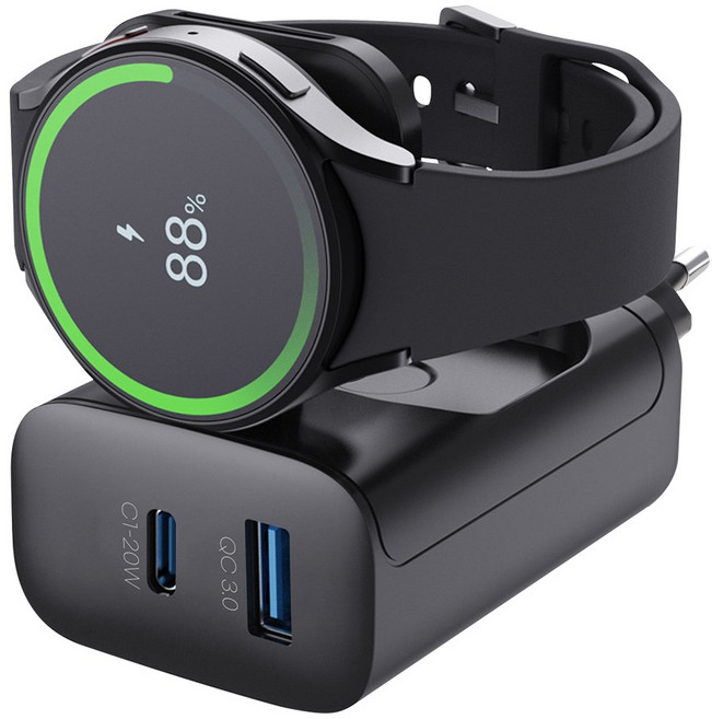 더조은셀러 컴포터블 접이식 갤럭시워치 애플워치 3in1 멀티 초고속 2포트 어댑터 PD 충전기 23W, 블랙(갤럭시워치전용), 1개