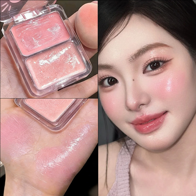 블러셔 크림 블러셔 여성 볼터치 블러쉬 물광 듀얼 치크팩트 블러셔 글라스 스킨 투톤 블러셔 광택 볼터치 핑크 쿨톤 강한 지속력 방수 볼러셔, 1개