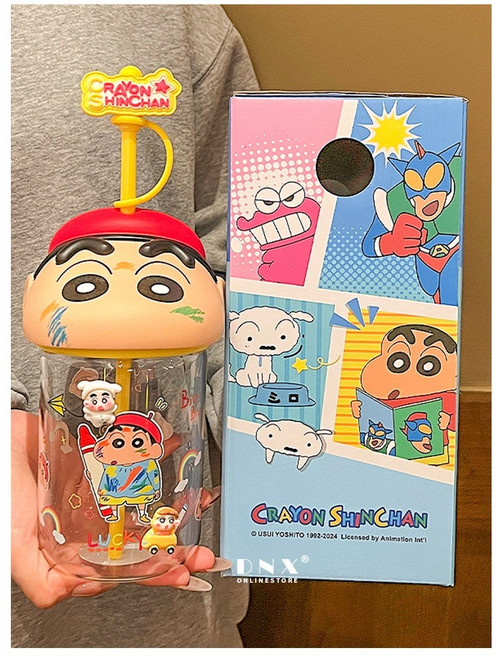 다나에 짱구 공식 라이센스 입체 피규어 뚜껑 빨대 내열 유리컵 580ml + Integrated International Trade Co. Ltd 머리핀, 레드, 1개