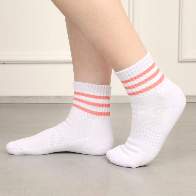 메가양말 로베르토 삼선 스포츠양말 중목 이중바닥 쿠션 국산고품질 10P, 화이트 핑크, 10개