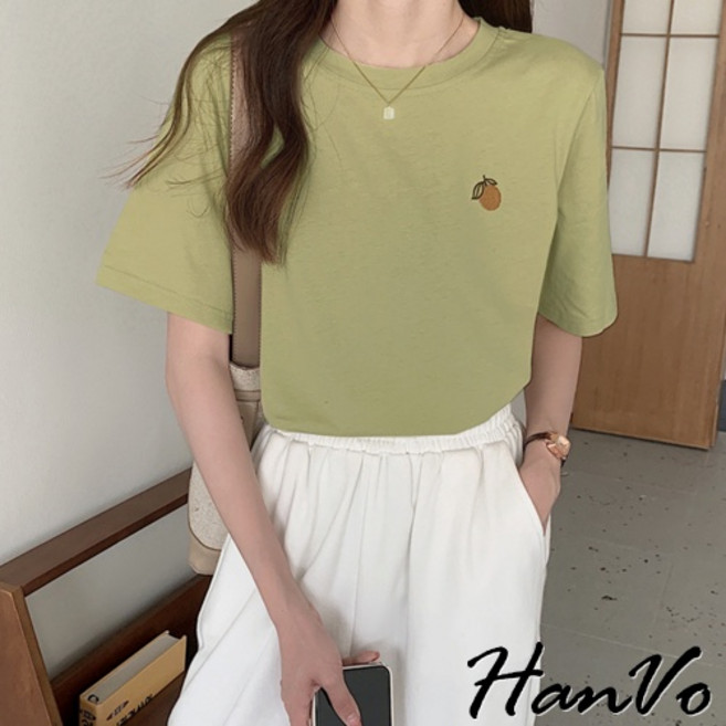 HanVo 濟州島小橘子刺繡純棉T恤 吸濕排汗 休閒百搭顯瘦圓領短袖上衣 女生衣著 A01-1244