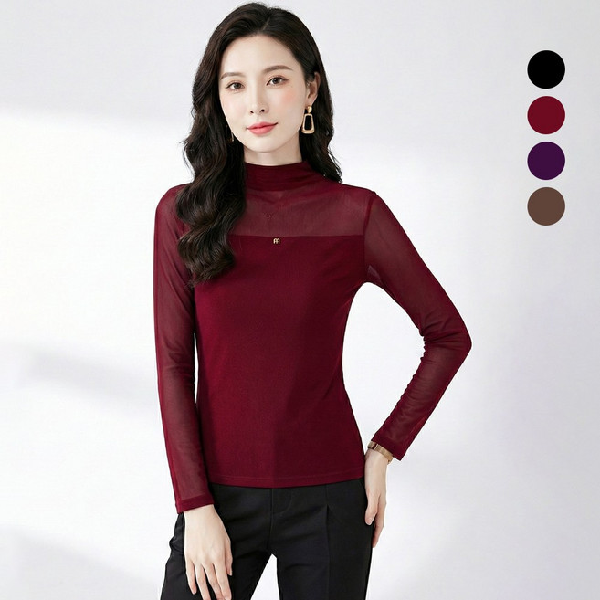 지스터프 여성 라인댄스 상의 긴팔 하이넥 시스루 댄스복 블라우스