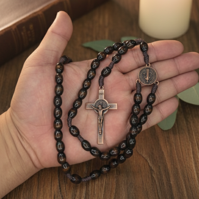 천주교 묵주 목걸이 나무 우드 성물 기도용 5단 목걸이 십자가, 1개, 다크우드