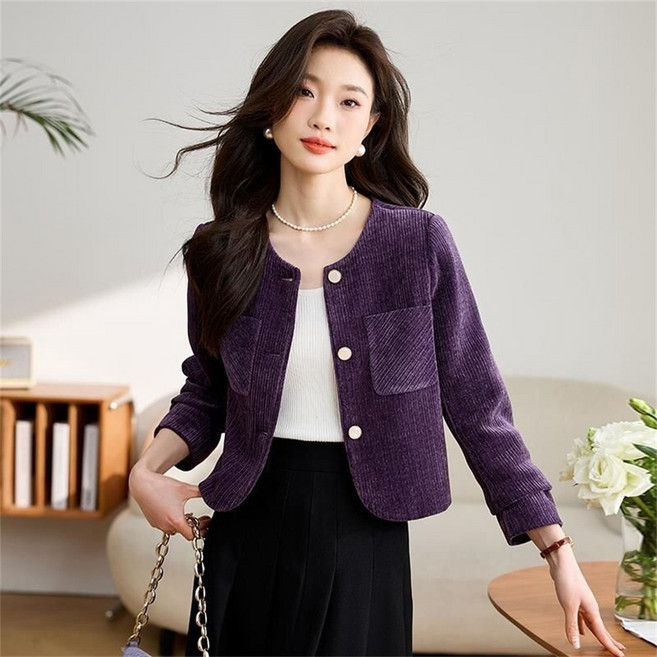 TKX 여성 봄 가을 레트로 스타일 라운드넥 코듀로이 자켓 출근룩 여자자켓 KZ95