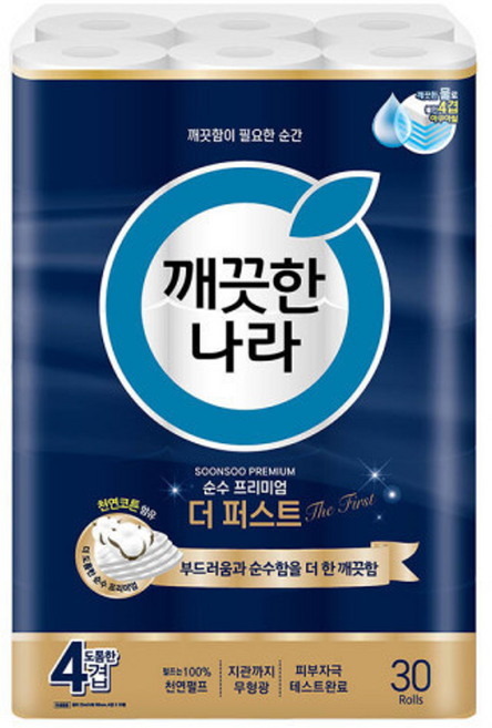 깨끗한나라 4겹 순수 프리미엄 더퍼스트 25m 30롤 화장지, 30개입, 1개