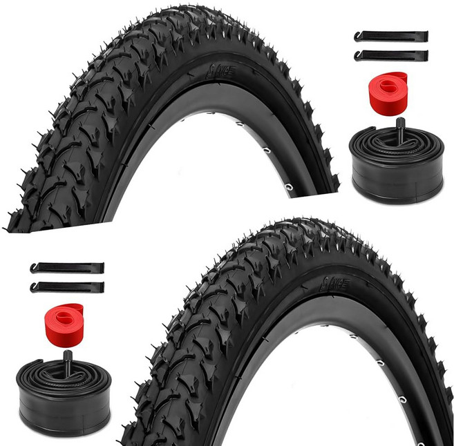 26인치 자전거 타이어 2팩 - 슈레이더 밸브 튜브 레버 4개 림 스트립 2개가 장착된 MTB 산악 자전거용 26 1.95인치 접이식 교체