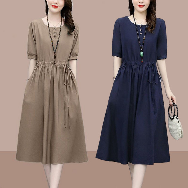 여름 반팔 면마 원피스 플레어 허리조임 날씬해 중년원피스 빅사이즈 치마