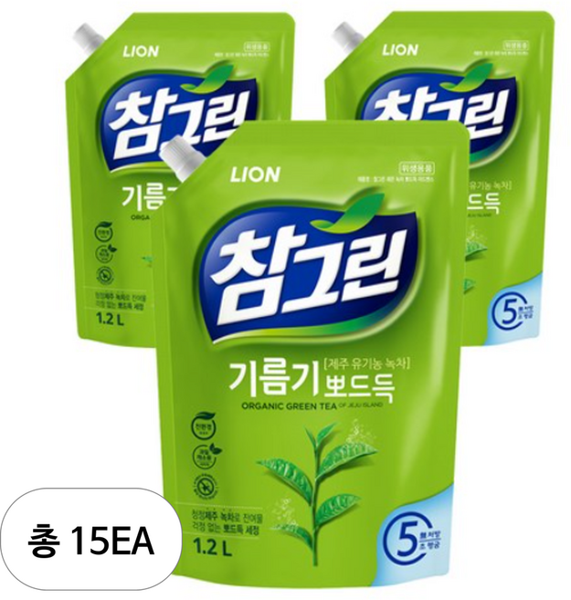 참그린 레몬 녹차 뽀드득 어드밴스 주방세제 리필, 1.2L, 15개