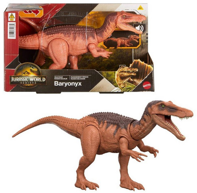 Mattel 쥬라기 월드 와일드 로어 브라차우체니우스 공룡 액션 피규어 장난감 씹는 공격 조명 기능 및 포효 사운드 디지털 플레이를 위한 스캔 코드, Baryonyx