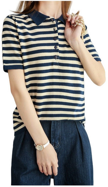 엘에프제트 여성 버튼넥 스트라이프 반팔티셔츠 순면 배색 카라 니트티 4컬러 QH-33