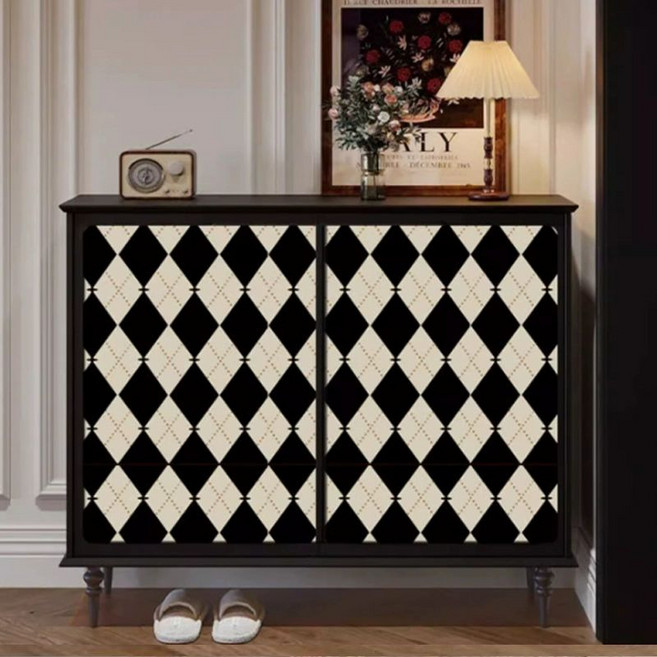 수납장 방수 식탁 인테리어 시트지 엔틱 가구 화장대 씽크대 접착식 필름지, 블랙 앤 화이트 체크