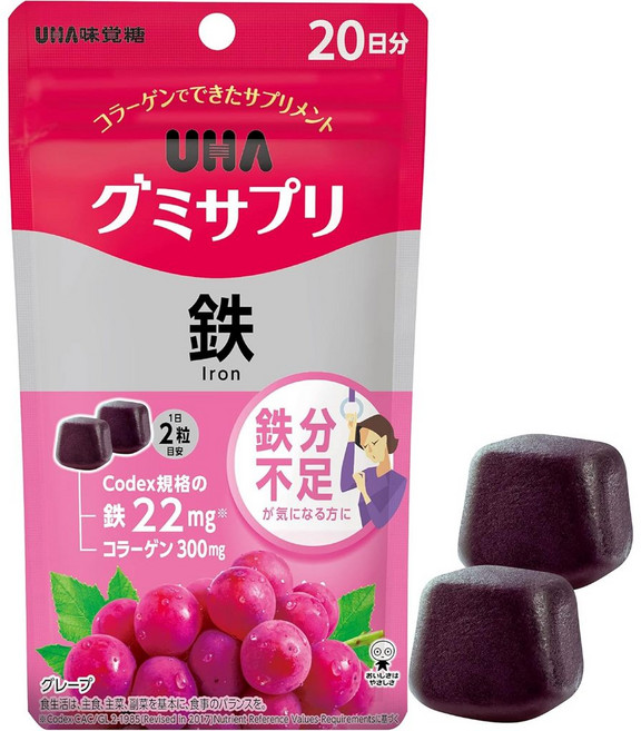 UHA味覺糖 補鐵 鐵質補充軟糖 葡萄口味 20天份 40粒, 1個, 鐵/20天分/40粒
