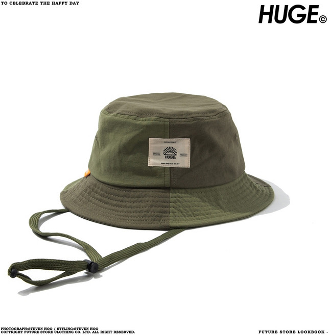 HUGE 可拆帽繩 登山帽, 【撞色軍綠拼接/休閒漁夫帽】