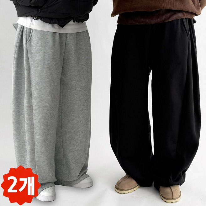 [1+1 사계절] 빠델 백 포켓 포인트 사이드핀턱 벌룬 와이드 트레이닝 스웻 커브드 팬츠 회색 트레이닝팬츠 기모 바지