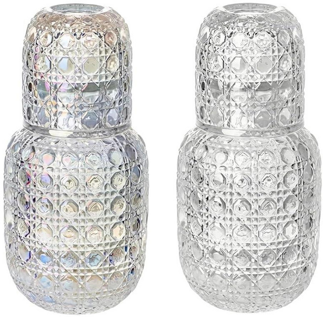 CAMNOW Set of 2 Vintage Bedside Water Carafe and Glass Set Embossed Night Water Carafe with Tumbl, Clear+Colorful