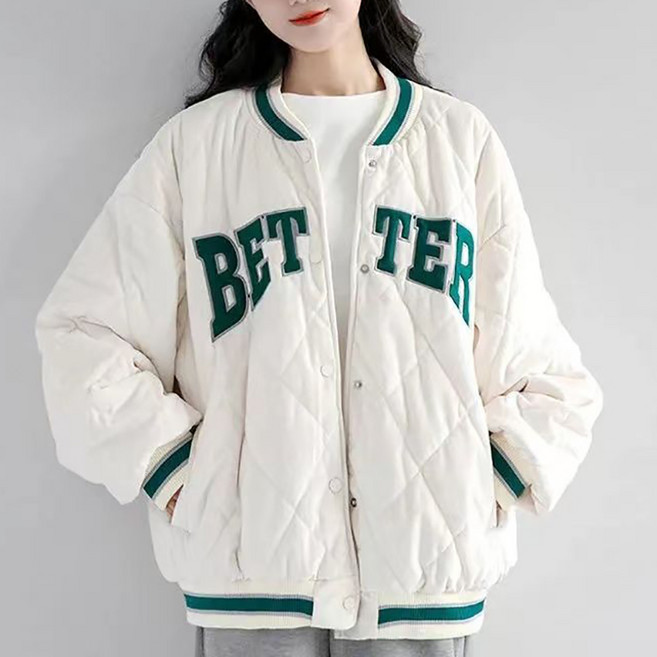 3xl까지 남녀공용 누빔 패딩 야구 잠바 루즈핏 캐주얼 학생 아우터 패션 레터링 자수 부드러운 방한 웰론 잠바 빅사이즈 단체복