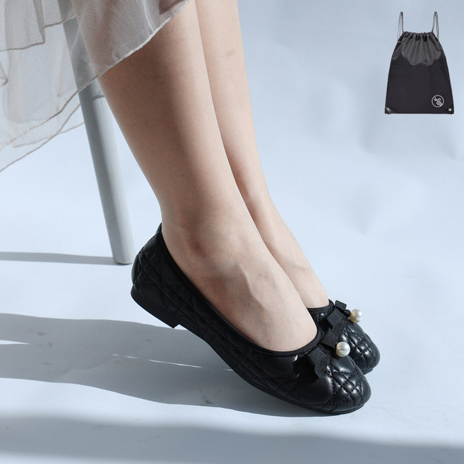 VITALO 루이엔느 플랫슈즈 진주 리본장식 누빔 퀼팅 발레슈즈 로퍼 단화 (PGN짐쌕가방 지급)
