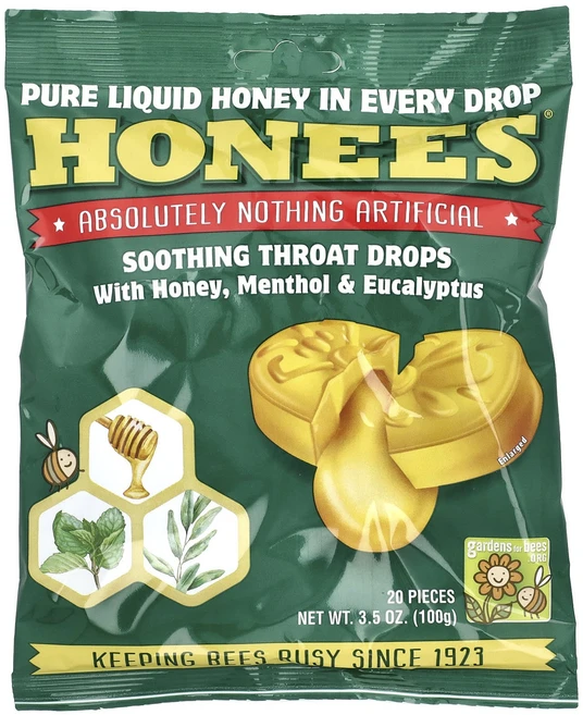 행복하고 건강하게 Honees 목 진정용 드롭 꿀 멘톨 및 유칼립투스 함유 20개 100g(3.5oz) 백년회로하세요 - 쿠팡