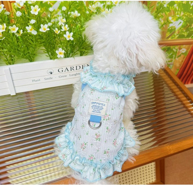 쪼로니 강아지 플라워 프릴 골지 원피스 여름 나시, 1개, 스카이