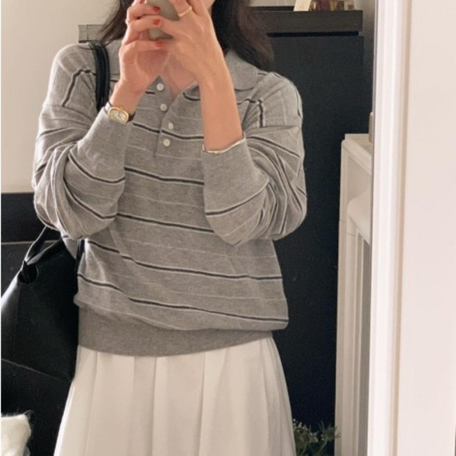 예쁨시전 넉넉핏 데일리 카라 스트라이프 단가라 맨투맨 긴팔 니트