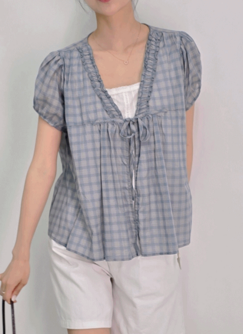 반팔 레이어드 체크 아사 면 큐티 레이스 블라우스 (44 - 66 반)