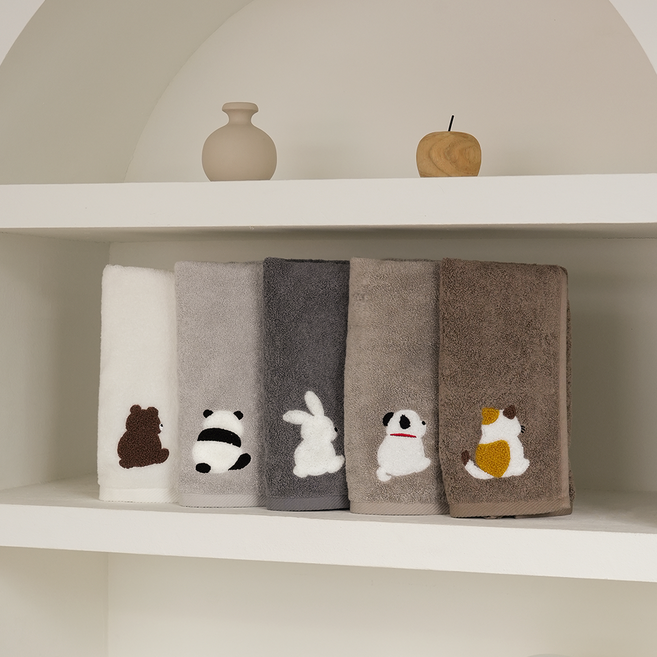 송월타올 동물 자수 수건 면 집들이 선물, 진갈색(고양이), 5개