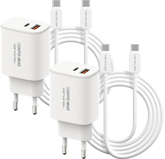 템플러 20W 2포트 C타입 PD 고속충전기 + 25W 1M CtoC 케이블 세트, 2세트, 화이트