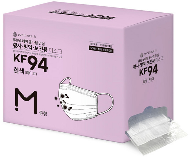 올타임안심 황사 방역 마스크 KF94 국산 덴탈 마스크 얇고탄탄 숨쉬기편한, 50개입, 1개, KF94올타임_중형_흰색_개별포장