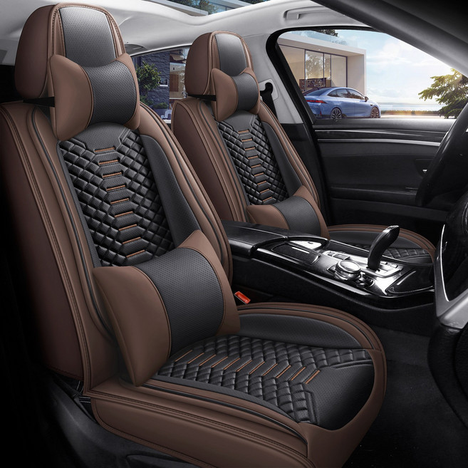 고급 나파 가죽 3D 시트 커버 앞좌석 1P 사계절 공용 허리받침대 포함 목베개, 1개, 브라운