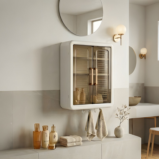 무타공 욕실 수납장 벽걸이 방수 투명도어 화장품 정리함 주방 욕실 겸용, 1개, 화이트