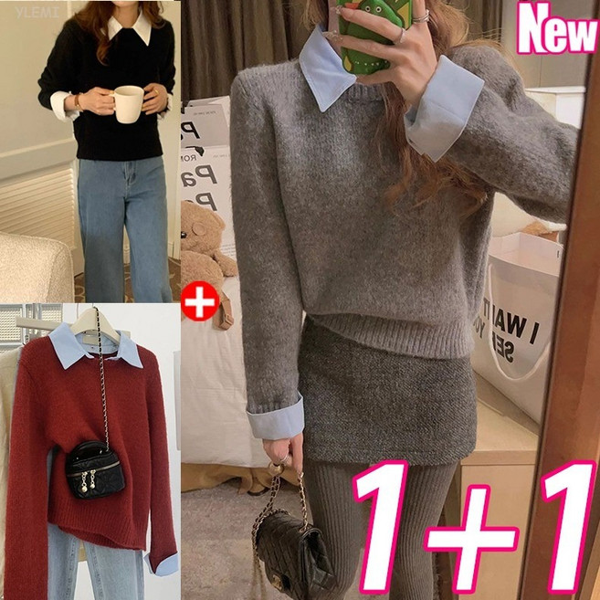 YLEMI 1+1 가을 겨울 여성 캐주얼룩 셔츠카라 레이어드 긴팔 니트 탑 2P