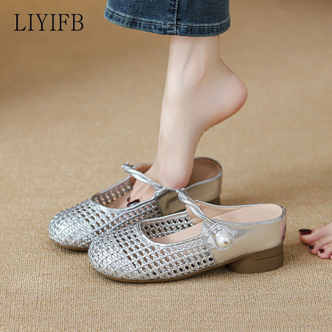 LIYIFB 짜임 여성 펀칭 블로퍼 통굽 키높이 뮬 슬리퍼 7cm