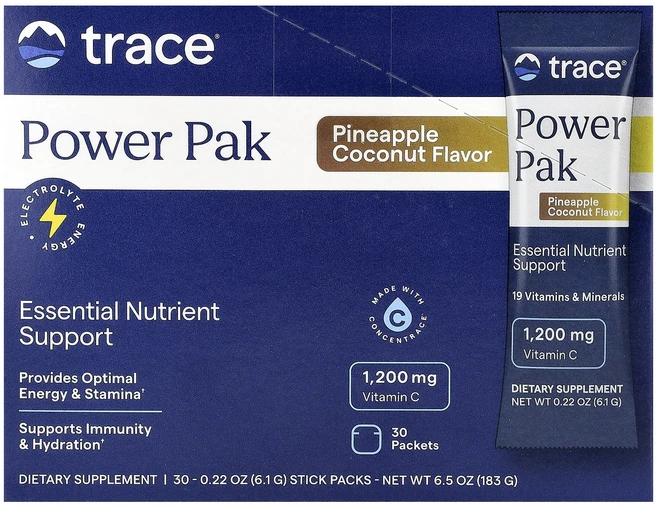 Trace 파워 팩 파인애플 코코넛 스틱 팩 30개 개당 6.1g(0.22oz) Trace (트레이스), Trace, 파워 팩, 파인애플 코코넛, 스틱 팩 30, 1개 - 쿠팡