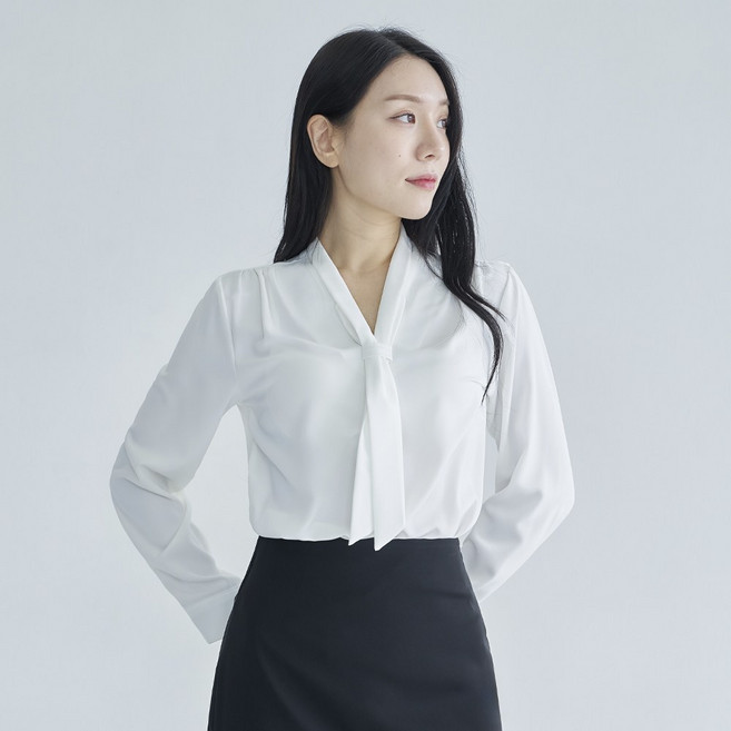 더웨이나인 여성 타이 블라우스 브이넥 흰색 리본 긴팔 셔츠 고리타이