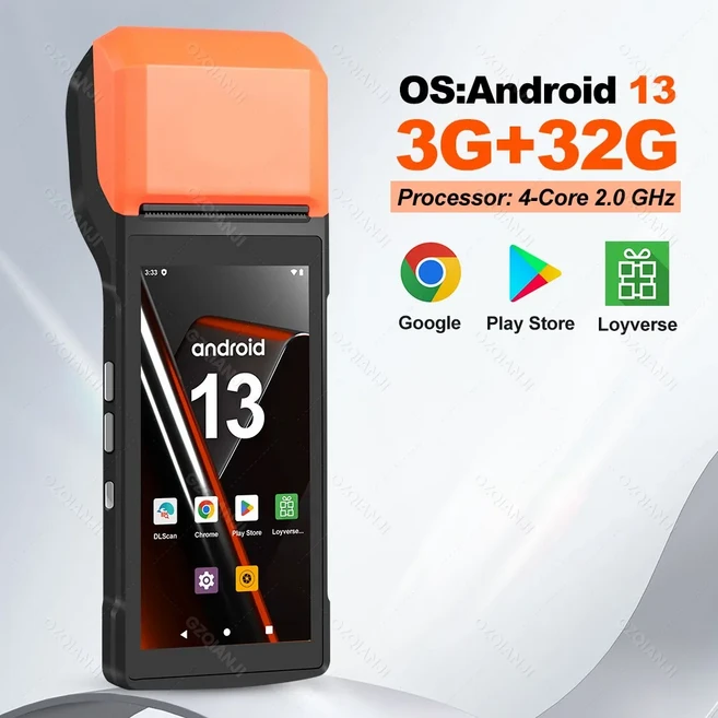 지능형 모바일 휴대용 PDA 단말기 영수증 프린터 5.5인치 터치스크린 무선 연결 1D/2D 리더 안드로이드 13/, 03 유럽 ​​연합, 06 OS14-3G32G